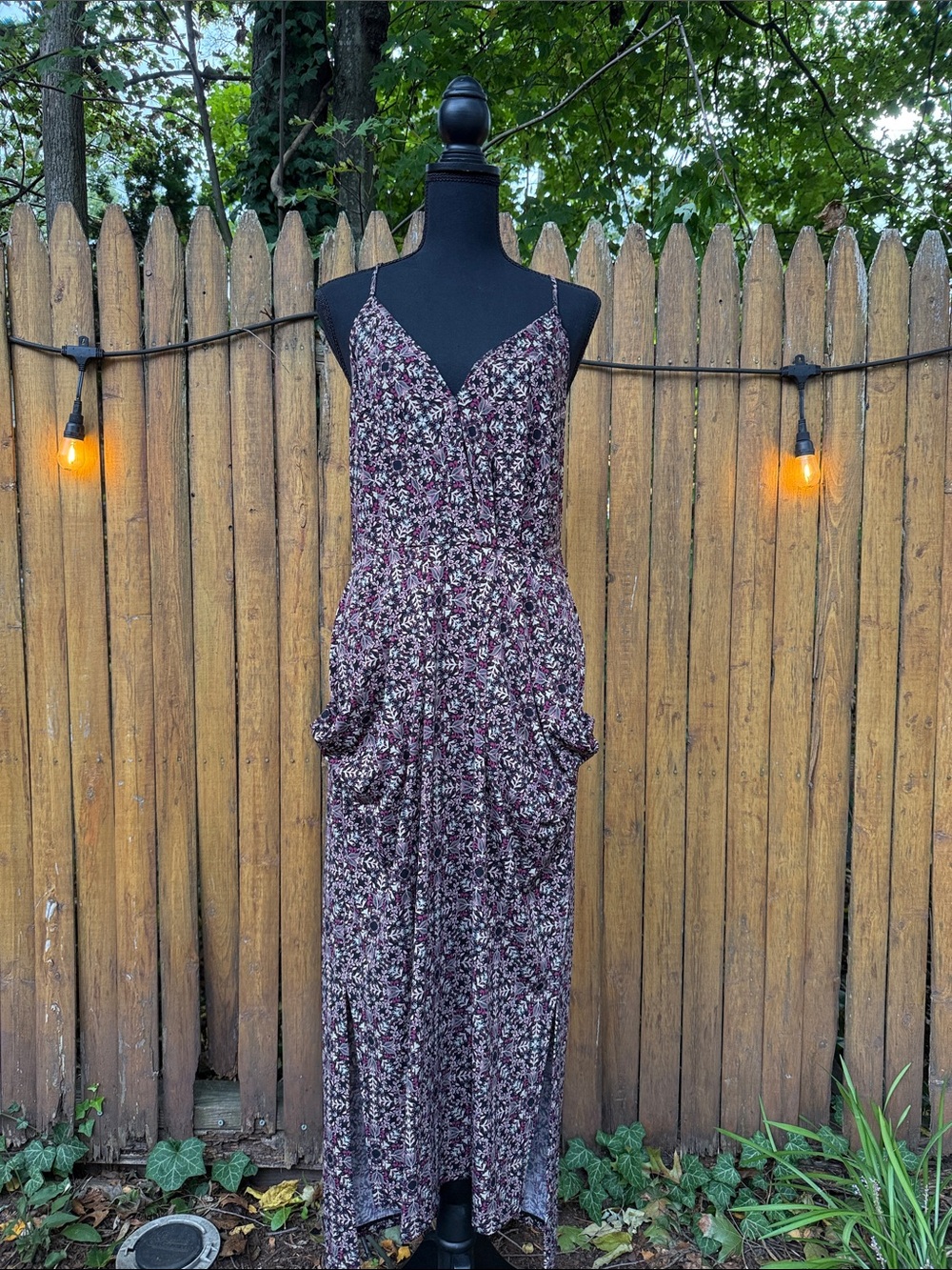 BCBGeneration Burgundy Floral Maxi Dress with Thin Straps